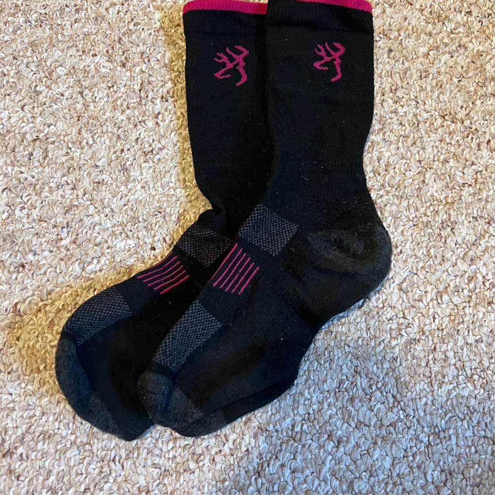 Browning Womens Crew Socks Black Pink Buckmark Logo Athletic Hiking Outdoor